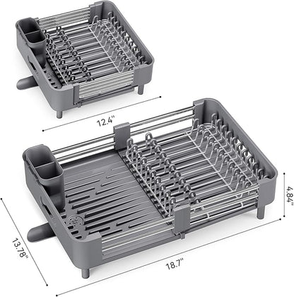 Urackify Stainless Steel Dish Drying Rack - Dish Drainer for Kitchen Counter, Extendable Drainboard with Foldable, Space-Saving Cup & Bowl Organizer, Includes Knife and Utensil Holder, Gray - Image 6