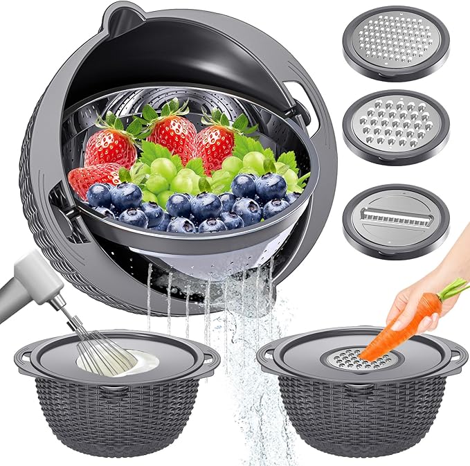 4-1 Colander with Lid Set - Rotatable Strainer With Bowl(Patented), Pasta Strainer with New Upgraded Graters, Strainer And Colanders, Fruit Cleaner, Veggie Wash, Apartment Kitchen Gadgets - Grey by UTTKOJ