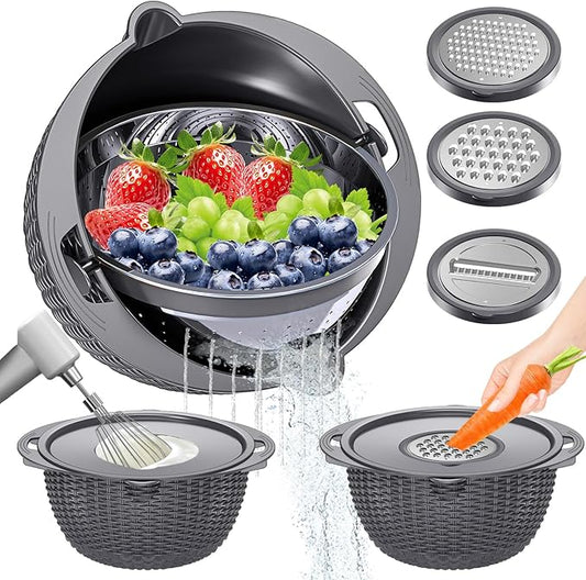 4-1 Colander with Lid Set - Rotatable Strainer With Bowl(Patented), Pasta Strainer with New Upgraded Graters, Strainer And Colanders, Fruit Cleaner, Veggie Wash, Apartment Kitchen Gadgets - Grey by UTTKOJ