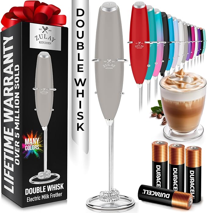 Zulay Kitchen Whisk Milk Frother with 4 Duracell Batteries - Powerful Handheld Foam Maker for Coffee, Lattes, Matcha, Hot Chocolate & Cappuccinos - Whip Creamy Froth in Seconds by ZulayKitchen
