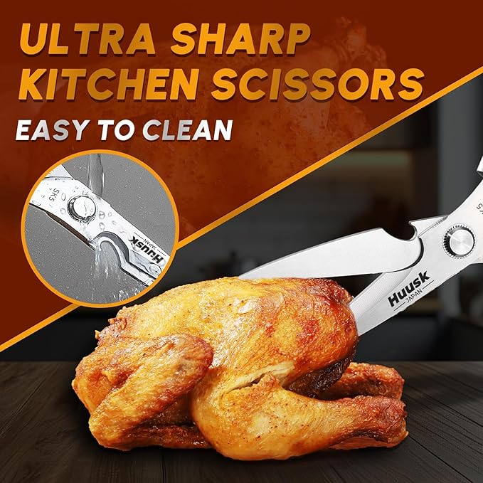 HUUSK Kitchen Scissors and Vegetable Peeler Set - Silver Stainless Steel Cooking Kitchen Shears for Food with Serrated Peeler, Heavy Duty Japanese Dishwasher Safe Meat Scissors, Gift for Men - Image 2