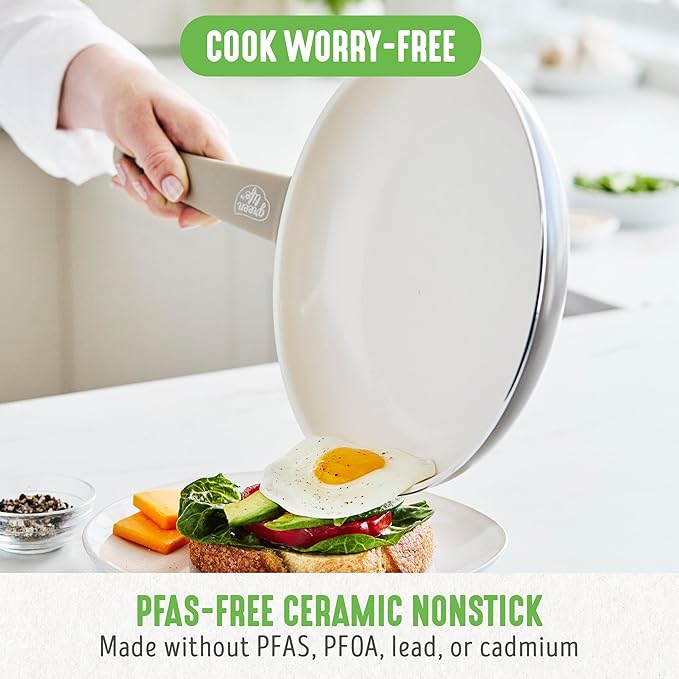 GreenLife 16 Piece Nonstick Cookware Set, Soft Grip Non-Toxic PFAS-Free Ceramic Pots & Pans, Dishwasher & Oven Safe, Frying, Sauce, Saute, Utensils, Glass Lids, Stay-Cool Handles, Wobble Free, Taupe - Image 2