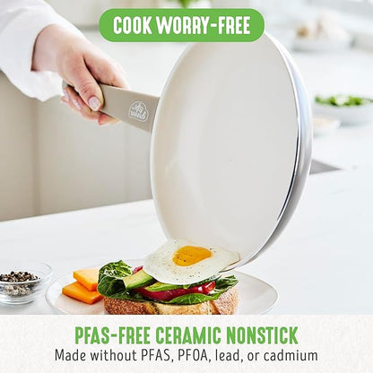 GreenLife 16 Piece Nonstick Cookware Set, Soft Grip Non-Toxic PFAS-Free Ceramic Pots & Pans, Dishwasher & Oven Safe, Frying, Sauce, Saute, Utensils, Glass Lids, Stay-Cool Handles, Wobble Free, Taupe - Image 2