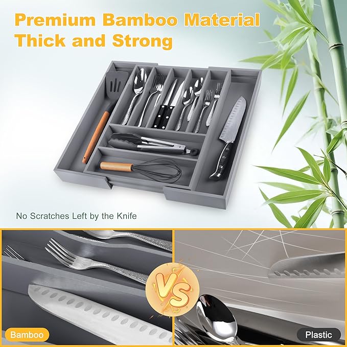 Large Premium Bamboo Silverware Organizer - Expandable Drawer Organizer & Utensil Organizer - 17"x19.7" Cutlery Tray with Dividers for Kitchen Utensils and Flatware (7-9 Slots) (Grey) - Image 4