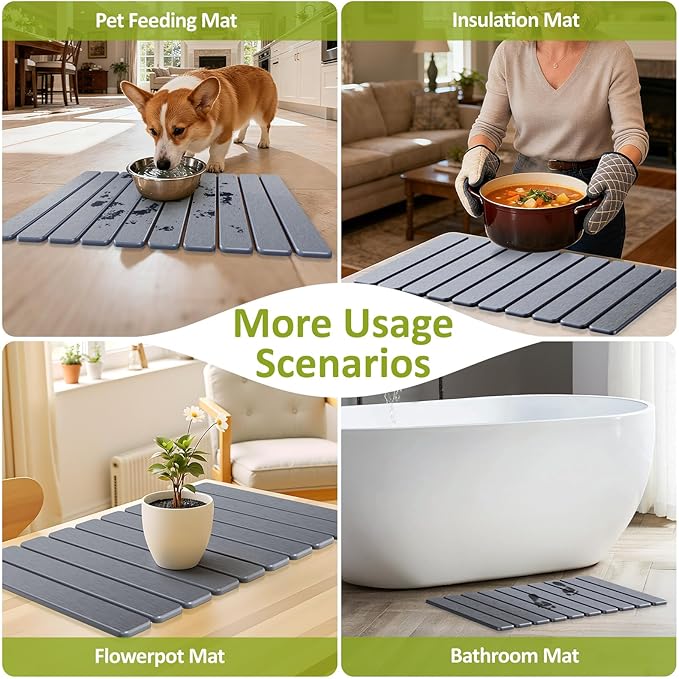 Large Stone Dish Drying Mat for Kitchen Counter, 24"(L)×16"(W), Collapsible Quick Dry Stone Dish Mats, Super Absorbent Diatomaceous Earth Drying Pad for Dishes Bottles Cups, Countertops (Black Grey) - Image 8