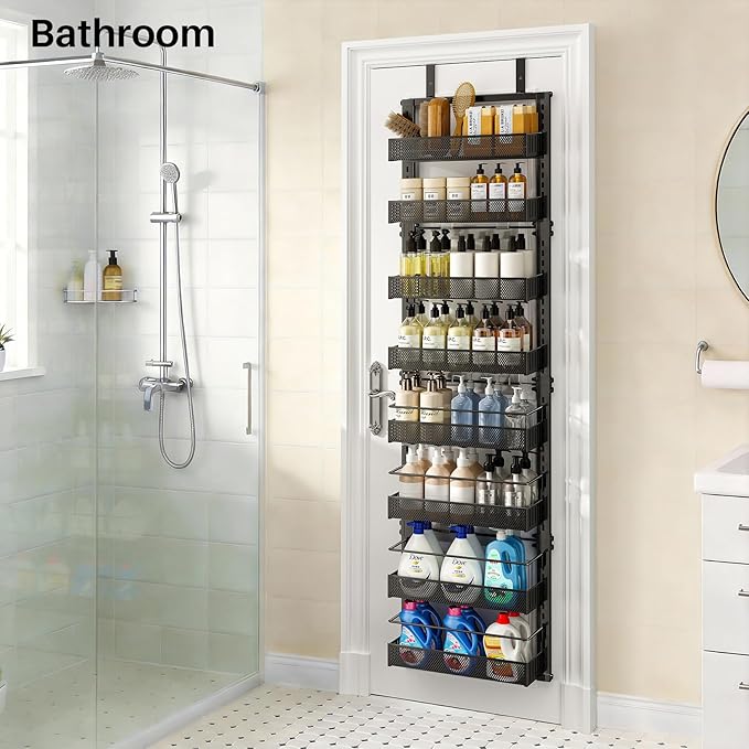 8 Tiers Over the Door Organizer - Height Adjustable Pantry Organizers and Storage with Dense Mesh Baskets, Anti-Swing Hanging Door Spice Rack for Kitchen Bathroom (Black, 12.3"W x 4.7"D x 69"H) - Image 5