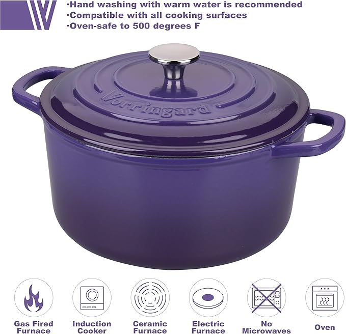 VORRINGARD Enameled Cast Iron Dutch Oven Pot with Lid, for Sourdough Bread Baking, Round Dutch Ovens, 6 Quart, Purple - Image 3