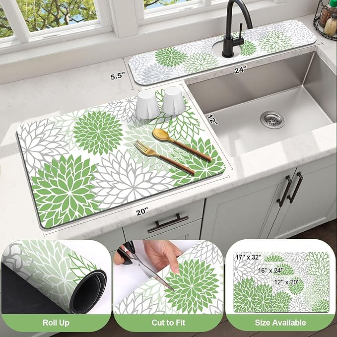Findosom 2PCS 12" x 20" Dish Drying Mat & 24" x 5.5" Sink Splash Guard, Super Absorbent & Cuttable Dish Mat Drying Kitchen Mat with Green Floral, Hide Stain Drying Mat for Kitchen Counter - Image 2