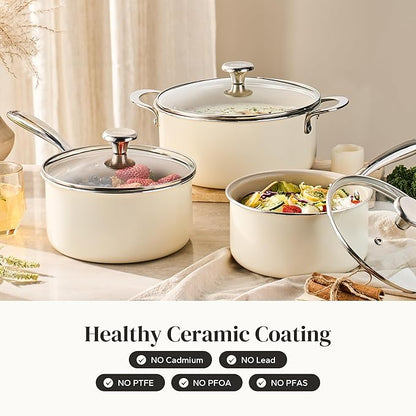 Redchef Cooking Pot Set Induction 5Qt, Saucepan Set 2.5/3.5Qt Nonstick Ceramic Cookware Set, Compatible All Cooktops, Even Heat, Stay-Cool Handles, Oven/Dishwasher Safe, PTFE PFAS Free (Beige) - Image 2