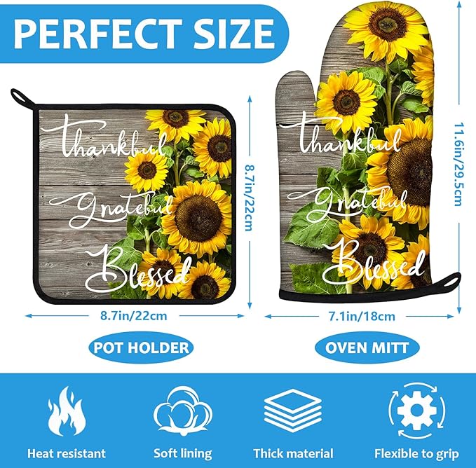 Sunflower Wood Grain Oven Mitts and Pot Holders Sets Heat Resistant 4Pcs Potholders Oven Gloves Hot Pads for Kitchen Baking Cooking Grilling BBQ