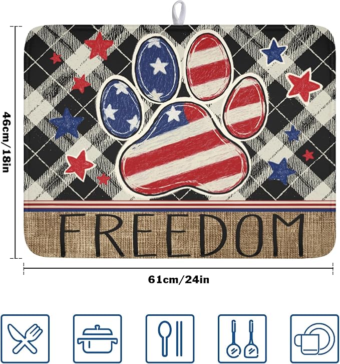 4th of July Dish Drying Mat 24x18 Inch, Patriotic Drying Mat with Absorbent Reversible Microfiber, Independence Day Dish Drainer Mats Memorial Day Rack Pad for Coffee Countertop Kitchen Protector