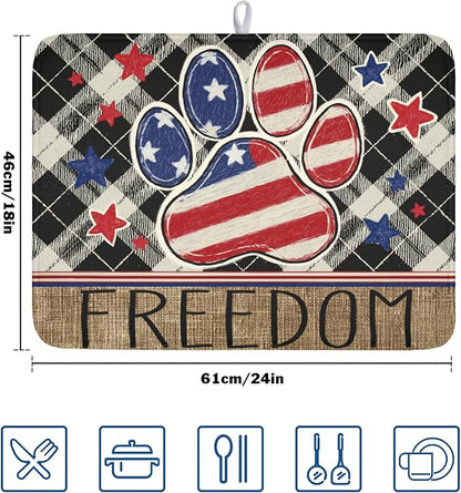 4th of July Dish Drying Mat 24x18 Inch, Patriotic Drying Mat with Absorbent Reversible Microfiber, Independence Day Dish Drainer Mats Memorial Day Rack Pad for Coffee Countertop Kitchen Protector