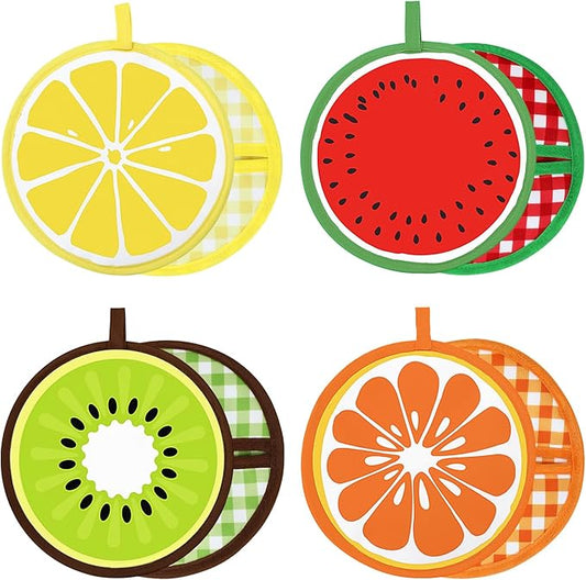 FYSUIMU 4 Pack Fruit Pot Holder Heat Resistant Orange Lemon Kiwi Watermelon Kitchen Hot Pad Pan Potholder Oven Mitt Trivet Mat for Countertop Table Baking Cooking, 7.8 in