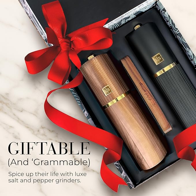 Wooden Salt and Pepper Grinder Set – Refillable Manual Salt and Pepper Mills with Adjustable Ceramic Burrs, Gold Detailing, and Wood Stand – Black and Dark Wood - Image 7