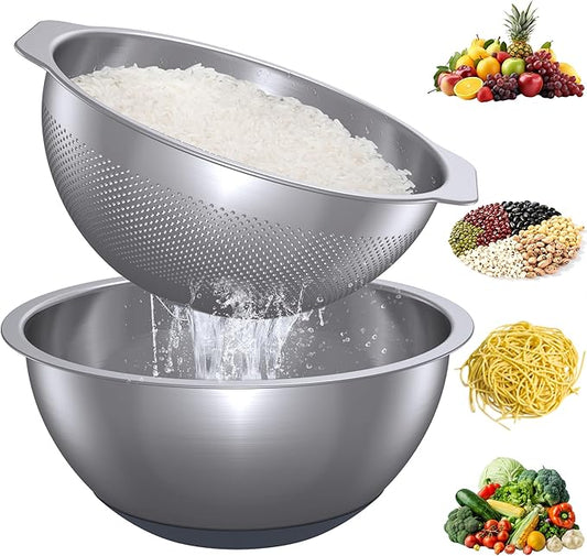 304 Stainless Steel Colander and Strainer, 5QT Large Capacity and 6QT Mixing Bowl, Micropore for Washing Rice, Fruit, and Cooked Pasta, Perfect Draining for Grain and Bean by Qimh