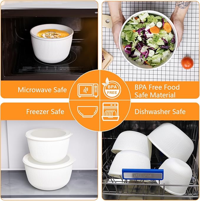 BoxedHome Mixing Bowls with Lids Set, 4 Packs BPA-Free Plastic Prep Bowls for Kitchen, Dishwasher & Microwave Safe, Large Capacity, Beige - Image 6