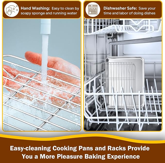 P&P CHEF 10.4 Inch Baking Sheet Pan with Rack Set, Stainless Steel Cookie Sheet Pan Tray with Cooling Rack for Oven Use, Cooking Roasting, Non Toxic & Dishwasher Safe, Heavy Duty