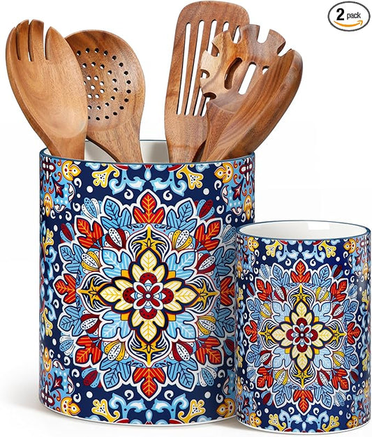 vancasso SIMI Utensil Holder, 7.3"+5.5" Porcelain Kitchen Utensil Holder for Countertop, Bohemian Kitchen Utensil Organizer for Spatulas, Spoons, Decorative Counter Utensil Crock, Twilight Bloom