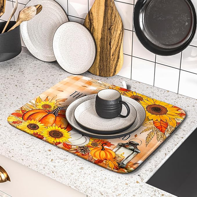 Giwawa Autumn Pumpkins Dish Drying Mat for Kitchen Countertop, Fall Sunflowers Thankful Grateful Blessed Dish Drainer Mats 16x18in, Thanksgiving Harvest Decorative Reversible Dish Drying Pad