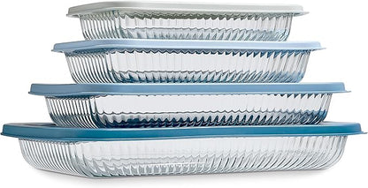 COOK WITH COLOR 8-Piece Deep Glass Baking Dish Set with Plastic Lids – Casserole and Food Storage Containers for Lasagna, Leftovers – Freezer-to-Oven, Microwave & Dishwasher Safe, Fluted Blue by CookwithColor