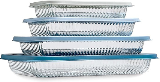COOK WITH COLOR 8-Piece Deep Glass Baking Dish Set with Plastic Lids – Casserole and Food Storage Containers for Lasagna, Leftovers – Freezer-to-Oven, Microwave & Dishwasher Safe, Fluted Blue by CookwithColor