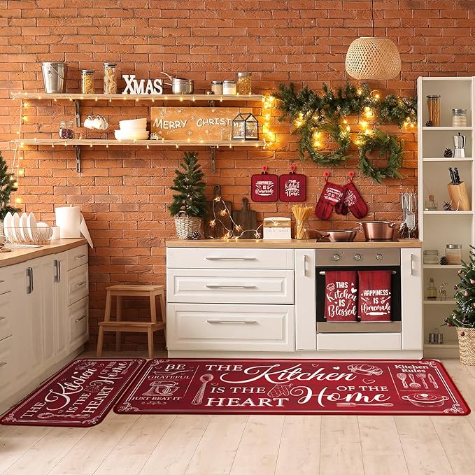 Fourluoo 10 Pcs Farmhouse Kitchen Decor and Accessories Set 4 Kitchen Towels 2 Pot Holders 2 Oven Mitts 2 Rugs for Cooking Baking Mom Housewarming Gifts(Red,Classic Style) - Image 3