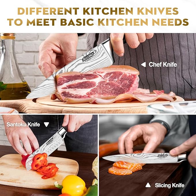 SCOLE® Chef Knife Ultra Sharp Kitchen Knife Set 7-Piece, Premium German 1.4116 Stainless Steel Chefs Knife Set, Ergonomic Handle Professional Full Tang Knives Set for Kitchen with Gift Box