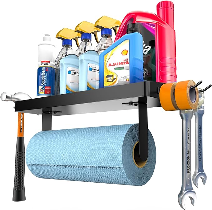 ZUNTO Garage Paper Towel Holder with Shelf, Black Stainless Steel Paper Towel Rack with Hooks, Wall Mount Paper Towel Holder for Kitchen, Garage Organization and Storage - Image 2