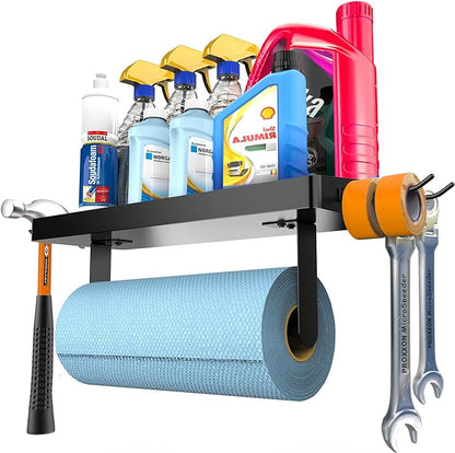 ZUNTO Garage Paper Towel Holder with Shelf, Black Stainless Steel Paper Towel Rack with Hooks, Wall Mount Paper Towel Holder for Kitchen, Garage Organization and Storage - Image 2