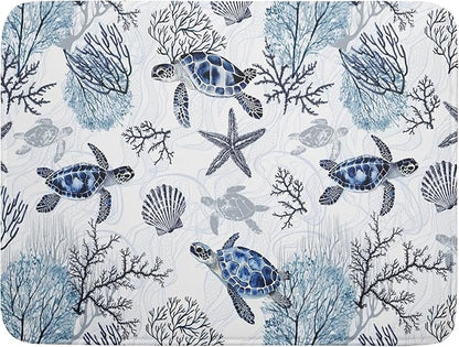 Giwawa 18"x24" Coastal Sea Turtles Dish Drying Mat Nautical Ocean Tortoise Coral Starfish Dish Drainer Mats for Kitchen Microfiber Reversible Dish Drying Rack Pad for Countertop Tabletop Decor