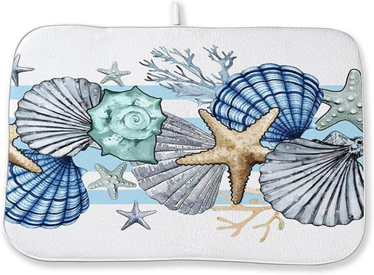Nautical Coastal Starfish Dish Drying Mat 18x24 Inch Blue Beach Coral Shell Drying Mat for Kitchen Counter Absorbent Seasonal Summer Ocean Dishes Dry Pad for Drainer Rack Kitchen Fast Dry