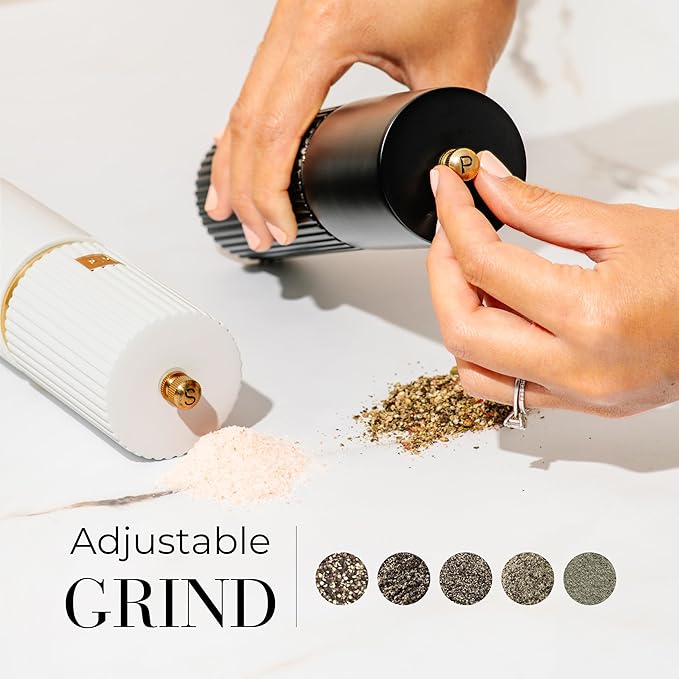 Wooden Salt and Pepper Grinder Set – Refillable Manual Salt and Pepper Mills with Adjustable Ceramic Burrs, Gold Detailing, and Wood Stand – Black and White - Image 3