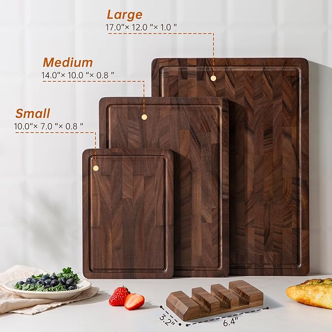 THETCHRY Walnut Wood Cutting Board Set, End Grain Cutting Boards for Kitchen with Handle, Non Toxic Wooden Charcuterie Boards Double Sided, Butcher Block for Meal Prep & Serving with Gift Box - Image 3