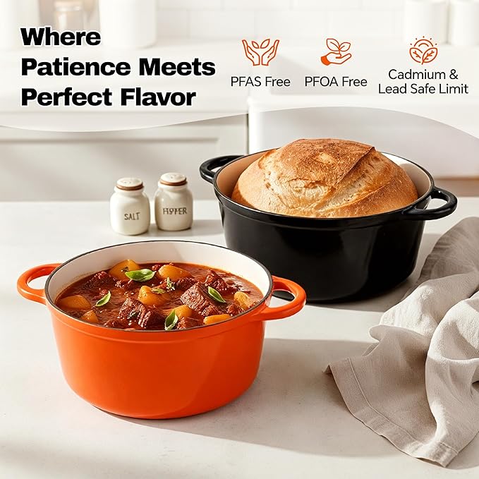 4.5 Quart Dutch Oven Pot with Lid, Non Stick Enameled Cast Iron Dutch Oven for Bread Baking, Heavy-Duty, Oven Safe Ceramic Cookware Up to 500°F for Baking, Braising, Stews, Roasting, Orange - Image 2