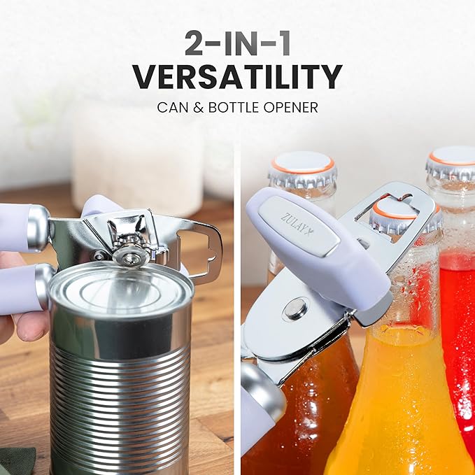 Zulay Kitchen Heavy Duty Stainless Steel Can Opener Manual with Bottle Opener - Rust Proof Manual Can Opener With Turn Knob & Comfy Soft Grip Handles - Light Lilac - Image 7