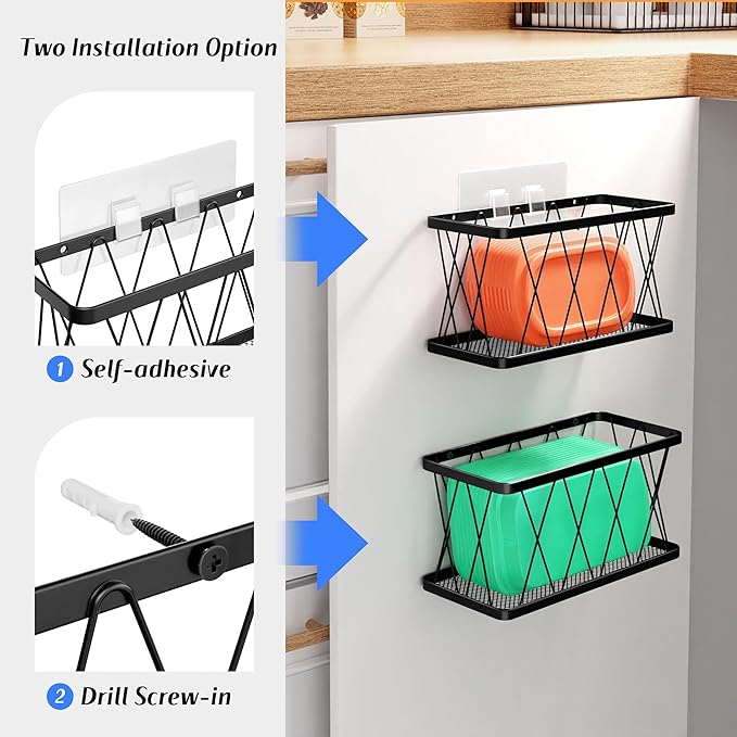 BasicForm 4 Pack Metal Kitchen Inside Cabinet Door Organizer, Adhesive Lid Organizers Cabinet Door Storage for Tupperware Lid, Storage Holder Basket for Kitchen Wall Mounted (Black) - Image 6