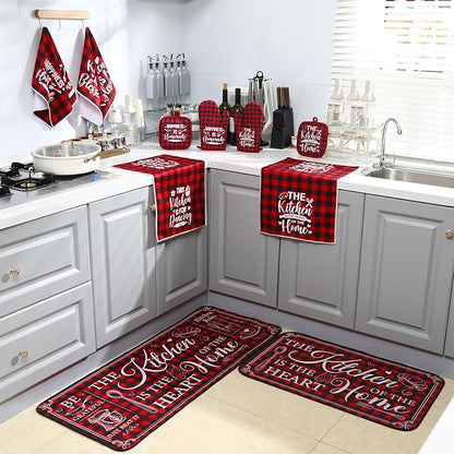 Fourluoo 10 Pcs Farmhouse Kitchen Decor and Accessories Set 4 Kitchen Towels 2 Pot Holders 2 Oven Mitts 2 Rugs for Cooking Baking Mom Housewarming Gifts(Red White,Classic Style) - Image 7
