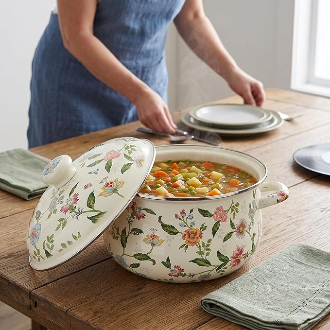 Jucoan 5 Quart Enamel Stockpot with Lid, Green Floral Enamelware Cooking Pot with Dual Handles for Stovetop, Large Soup Pot Potpourri Simmer Pot Gift for Housewarming Bridal Shower Mother's Day - Image 5