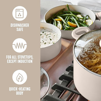 GreenLife 6QT Ceramic Nonstick Stockpot with Glass Straining Lid, PFAS-Free, Dishwasher Safe, Stay-Cool Handles, Oven Safe to 350°F, Wobble-Free Base, Even Heating, Taupe - Image 4