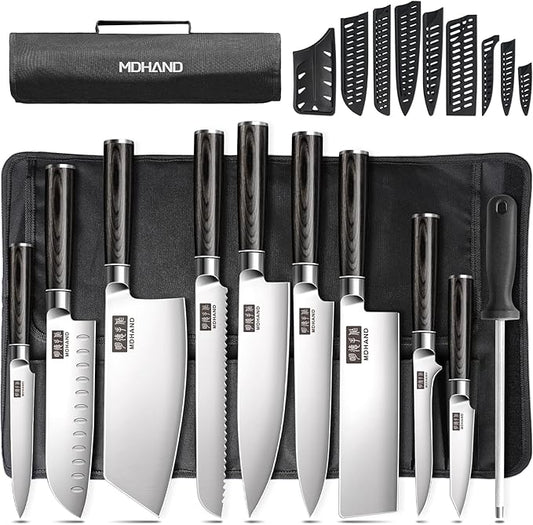 MDHAND Chef Knife Set with Roll Bag, 10PCS Professional Knife Set with Sharpener, High Carbon Stainless Steel Japanese Kitchen Knives - Black Pakkawood Handle, Dishwasher Safe, For Cooking, Chef Gifts