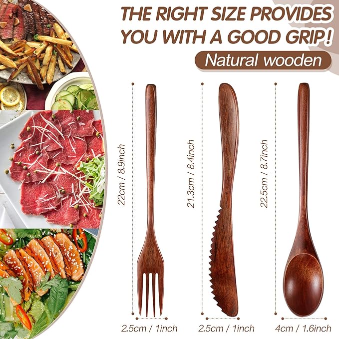 Geiserailie 24 Pcs Wooden Utensils for Eating Wooden Spoon Fork Knife Cutlery Set Kitchen Wood Dinner Flatware Tableware Set Includes Spoon, Fork, Knife - Image 2