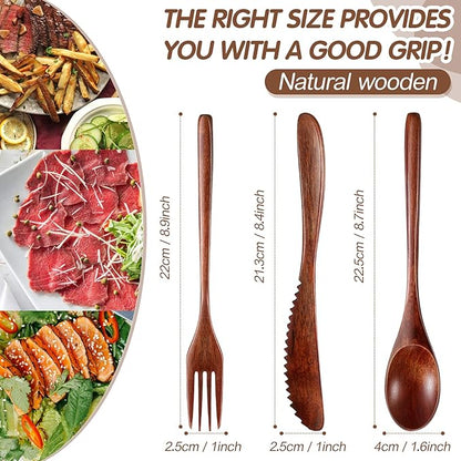 Geiserailie 12 Pcs Wooden Utensils for Eating Wooden Spoon Fork Knife Cutlery Set Kitchen Wood Dinner Flatware Tableware Set Includes Spoon, Fork, Knife - Image 2