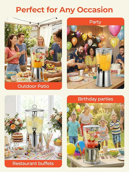 Beverage Dispenser With Stand, Stainless Steel Drink Dispenser for Parties, 2 Gallons drink dispenser with Ice Core & Spigot, Clear Acrylic Water Juice Jug for Home, Buffet, Weddings & Outdoor Events