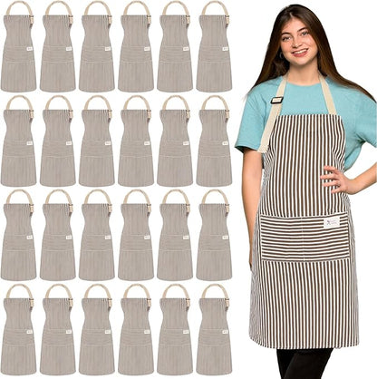 Janmercy 24 Pcs Aprons for Women Men with 2 Pockets Linen Cooking Kitchen Apron Adjustable Bib Chef Apron Bulk Aprons Unisex