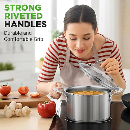 NutriChef 6 Quart Stainless Steel Stock Pot with Lid | Induction Cookware for Home & Commercial Use | Heavy Duty Cooking Pot for Boiling or Simmering Soup, Pasta, Seafood, and Sauces