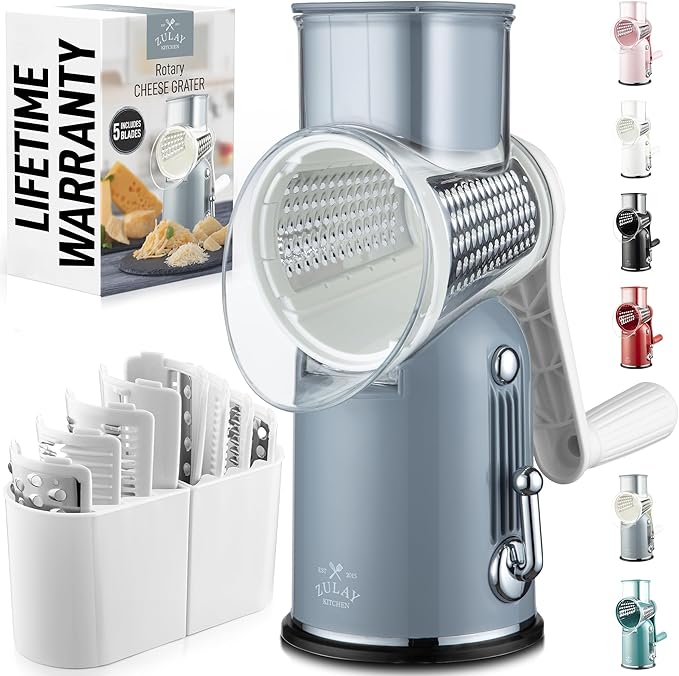 Zulay Kitchen Rotary Cheese Grater 5 Blade Cheese Shredder - Manual Hand Crank Cheese Grater With Reinforced Suction & 5 Interchangeable Drums - Easy to Use, Vegetable Chopper Round Mandoline Slicer by ZulayKitchen