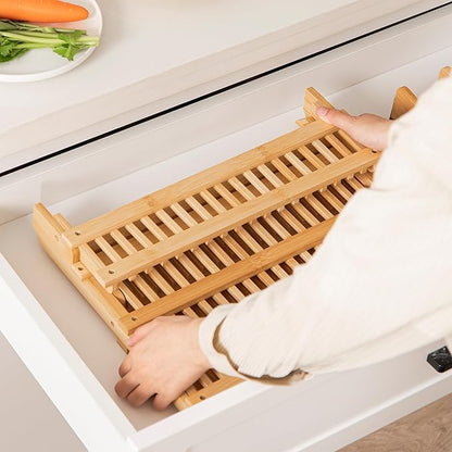 HBlife Bamboo Dish Drying Rack with Utensils Flatware Holder Set, 3-Tier Large Folding Drying Holder for Kitchen Counter, Collapsible Drainer - Image 5