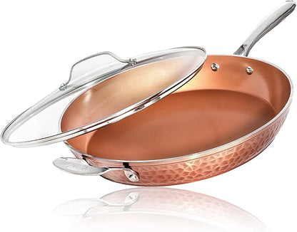 Gotham Steel Hammered Copper 14 Inch Non Stick Frying Pan with Lid, Nonstick Frying Pan with Ceramic Coating and Induction Plate for Even Heating, Oven / Dishwasher Safe, 100% Healthy & Non Toxic by GothamSteel