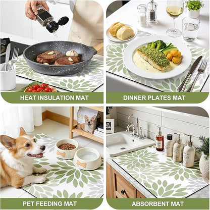 Findosom Floral Dish Drying Mat, 12" x 20" Super Absorbent & Hide Stain Coffee Mat, Cuttable Drying Mat for Kitchen Counter, Under Dish Rack, Coffee Maker, Espresso Machine, Sage Green