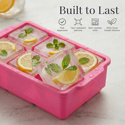 KitchFort Large Silicone Ice Cube Tray (2-Pack), Easy Release 2" Big Ice Cubes - Cocktail, Whiskey Ice Cubes Mold - Ice Trays for Freezer with Lid - Stackable Silicone Ice Tray - Pink - Image 2